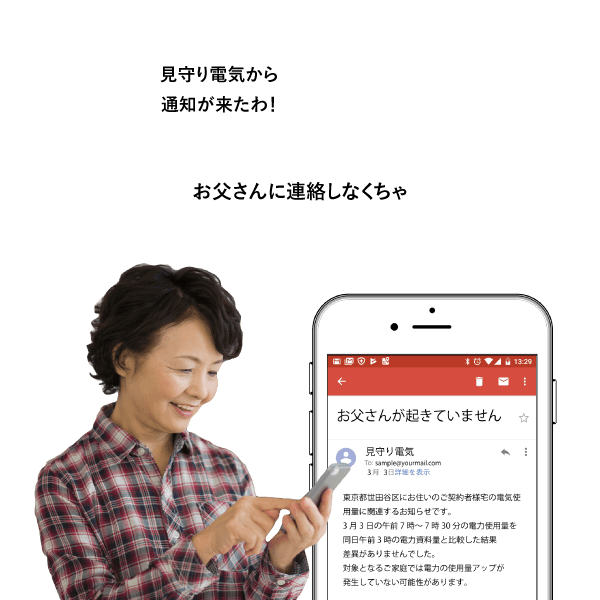 「見守り電気から通知が来たわ！お父さんに連絡しなくちゃ」